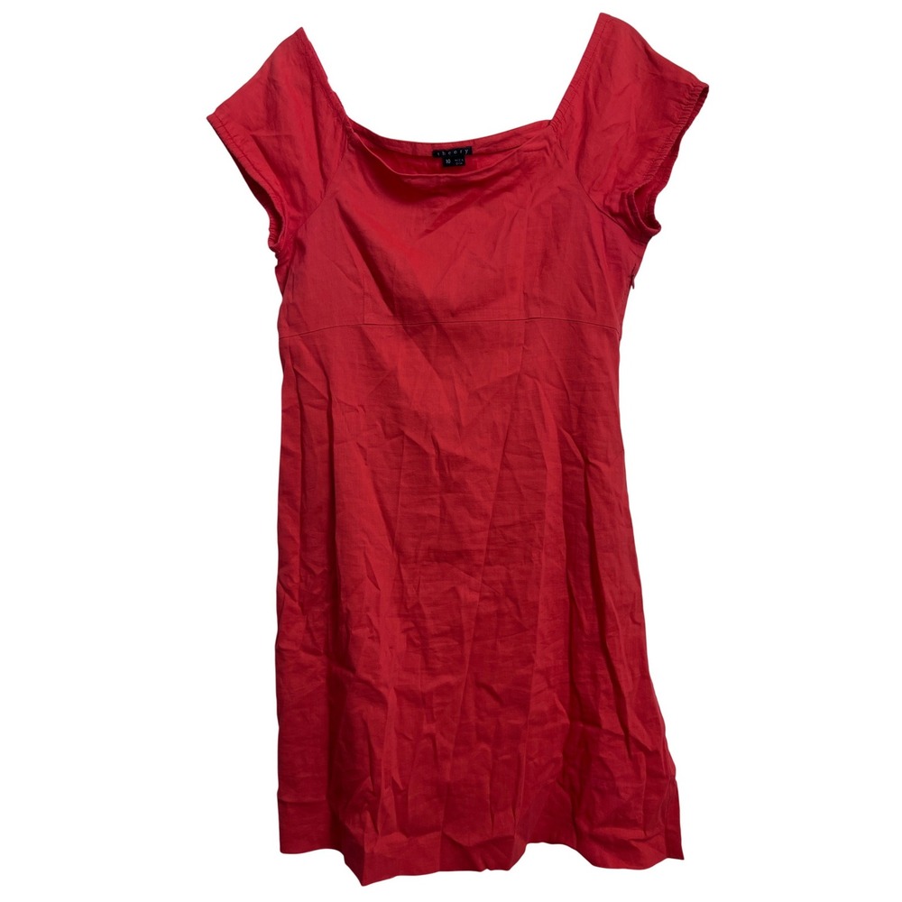 Theory Red Square Neck Cap Sleeve A Line Dress 10 Linen Blend Cocktail Party